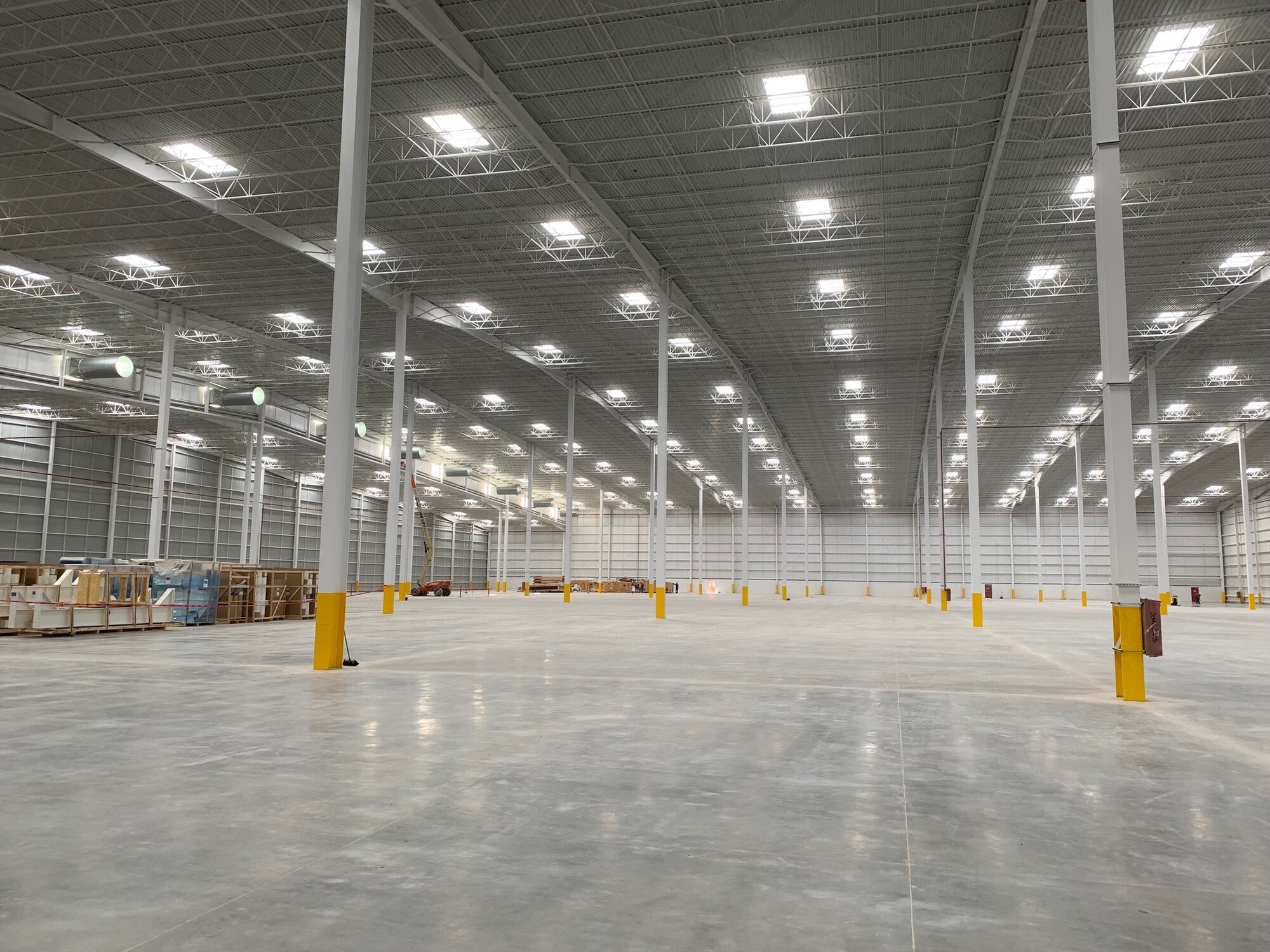 Interior of a completed industrial building with long clear spans