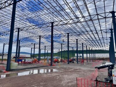 Roof with open-web joists during erection