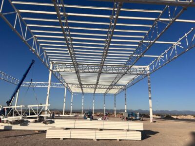 Roof trusses erected on columns